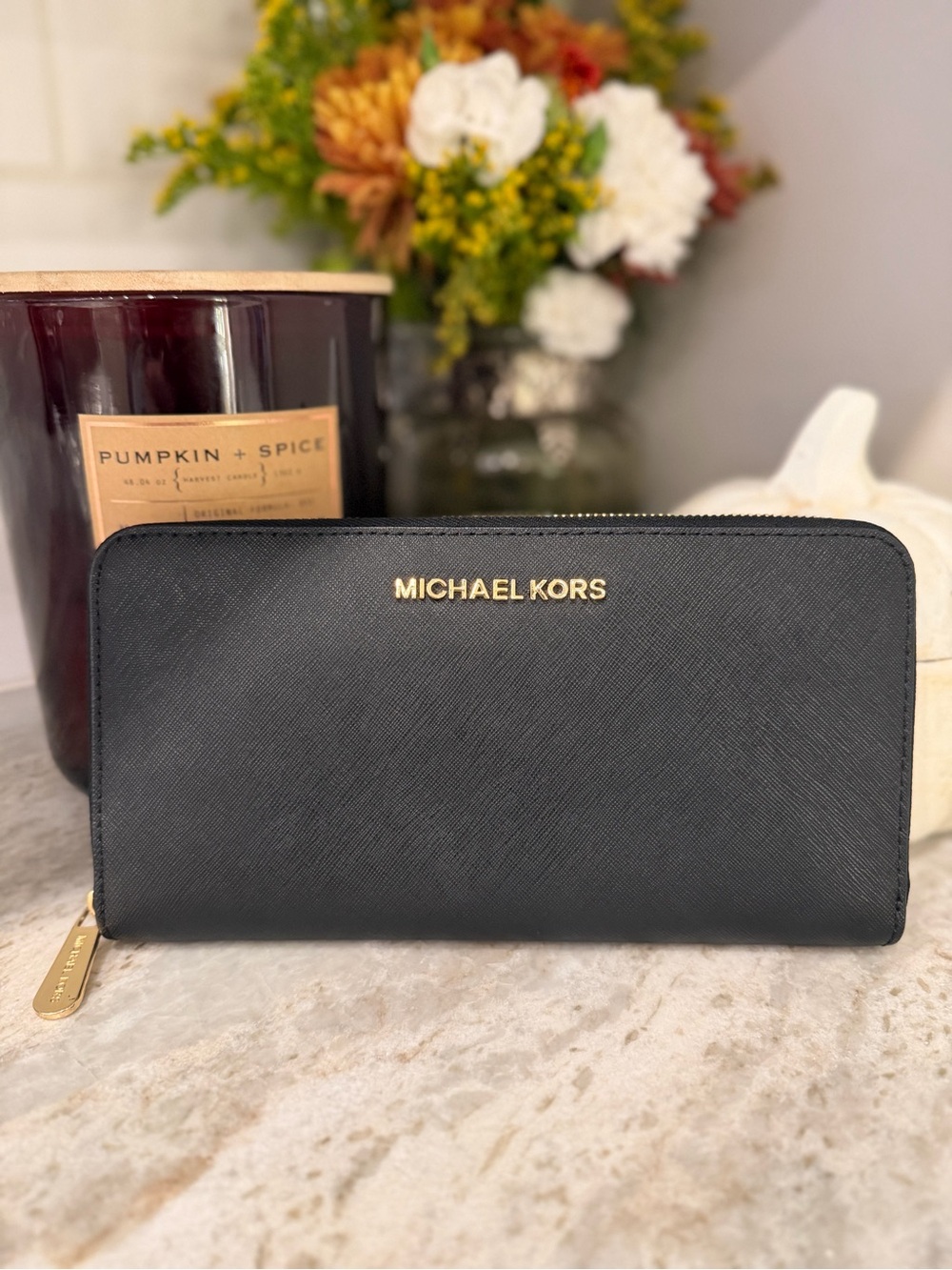 Michael Kors Black Saffiano Leather Zip-Around Wallet | Gold Hardware